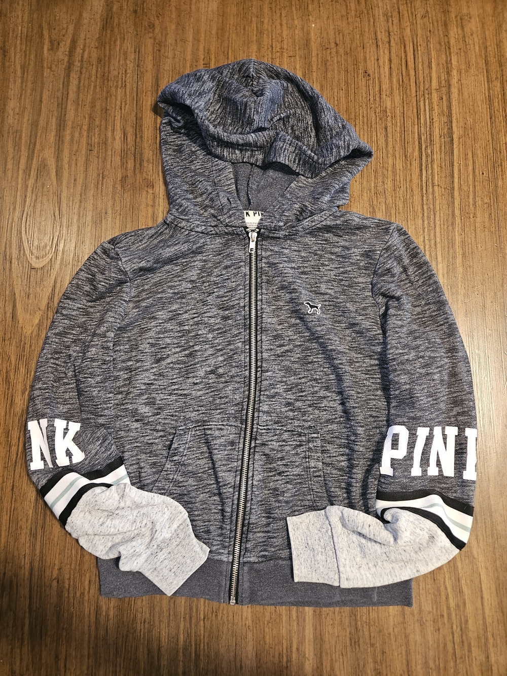 PINK Victoria's Secret Heather Navy Zip-Up Hoodie with Sleeve Logo